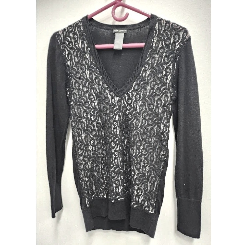 Ann Taylor Lace Overlay V-Neck Sweater Womens Small Black Long Sleeve Pullover